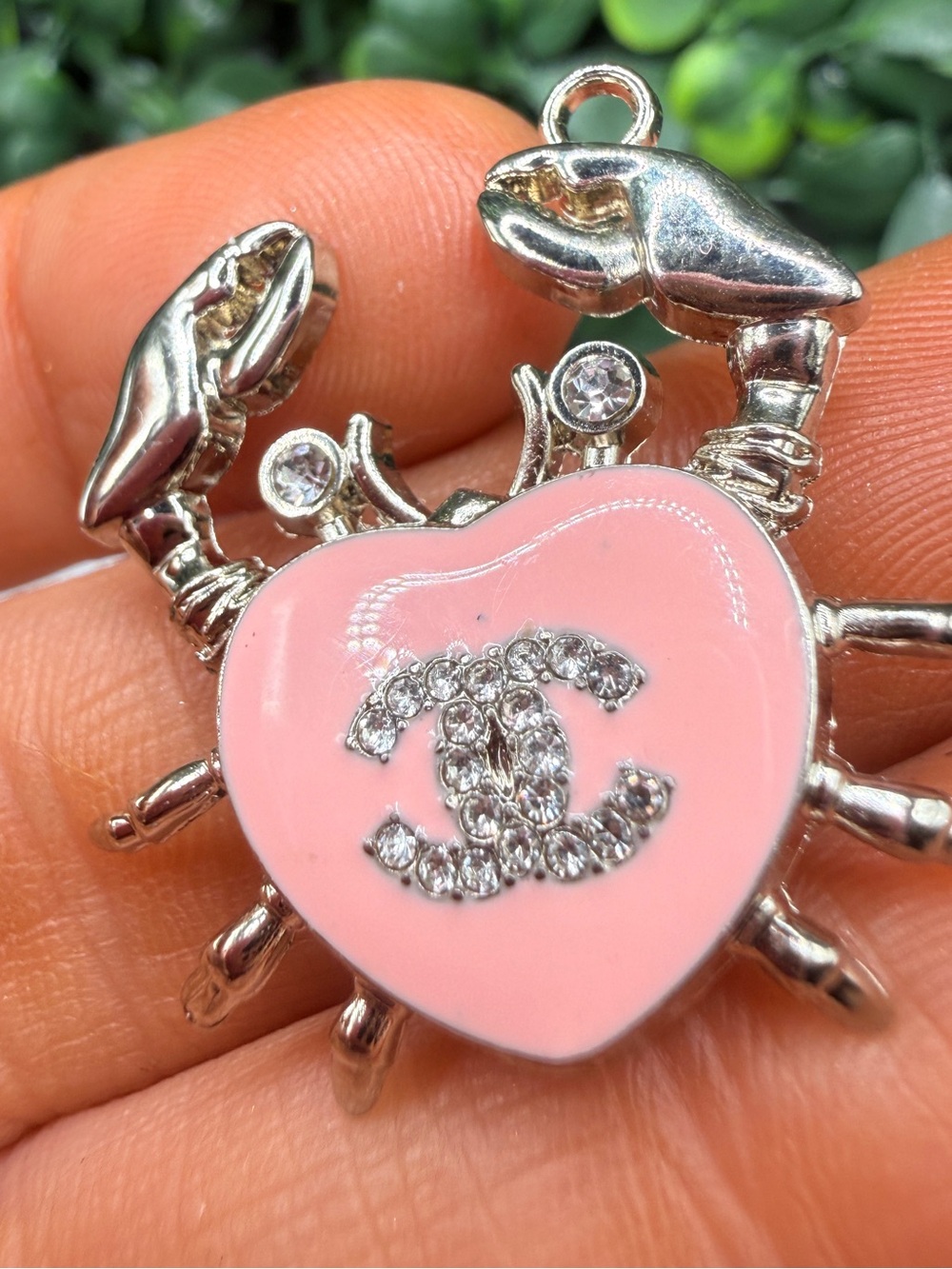 Chanel Pink Heart Crab Charm Pendant Silver Crystal CC Logo